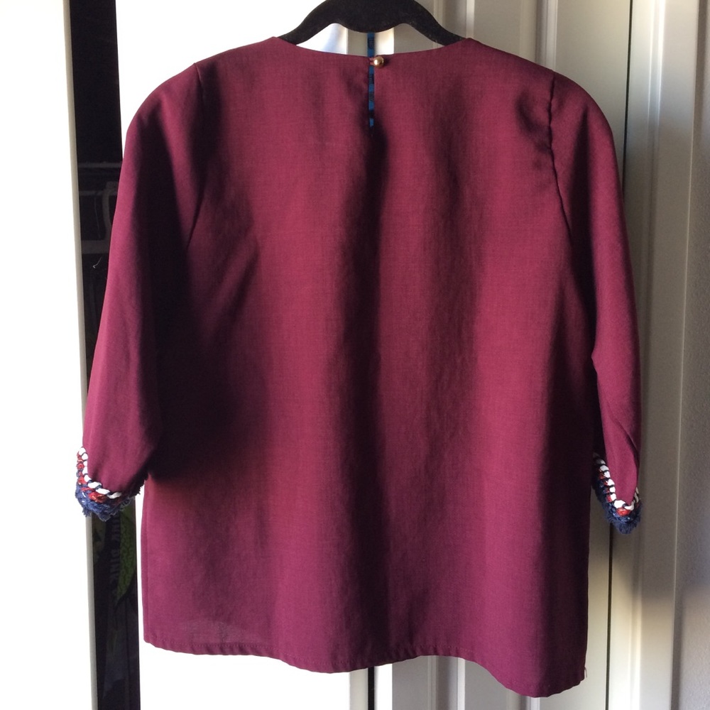 ⭐️Wine Red Boxy Top with Braided Tweed Fringe Trim - Picture 4 of 8